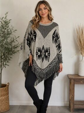 LARGE EUC Fringe Tribal Knit Poncho Sweater-AS IS